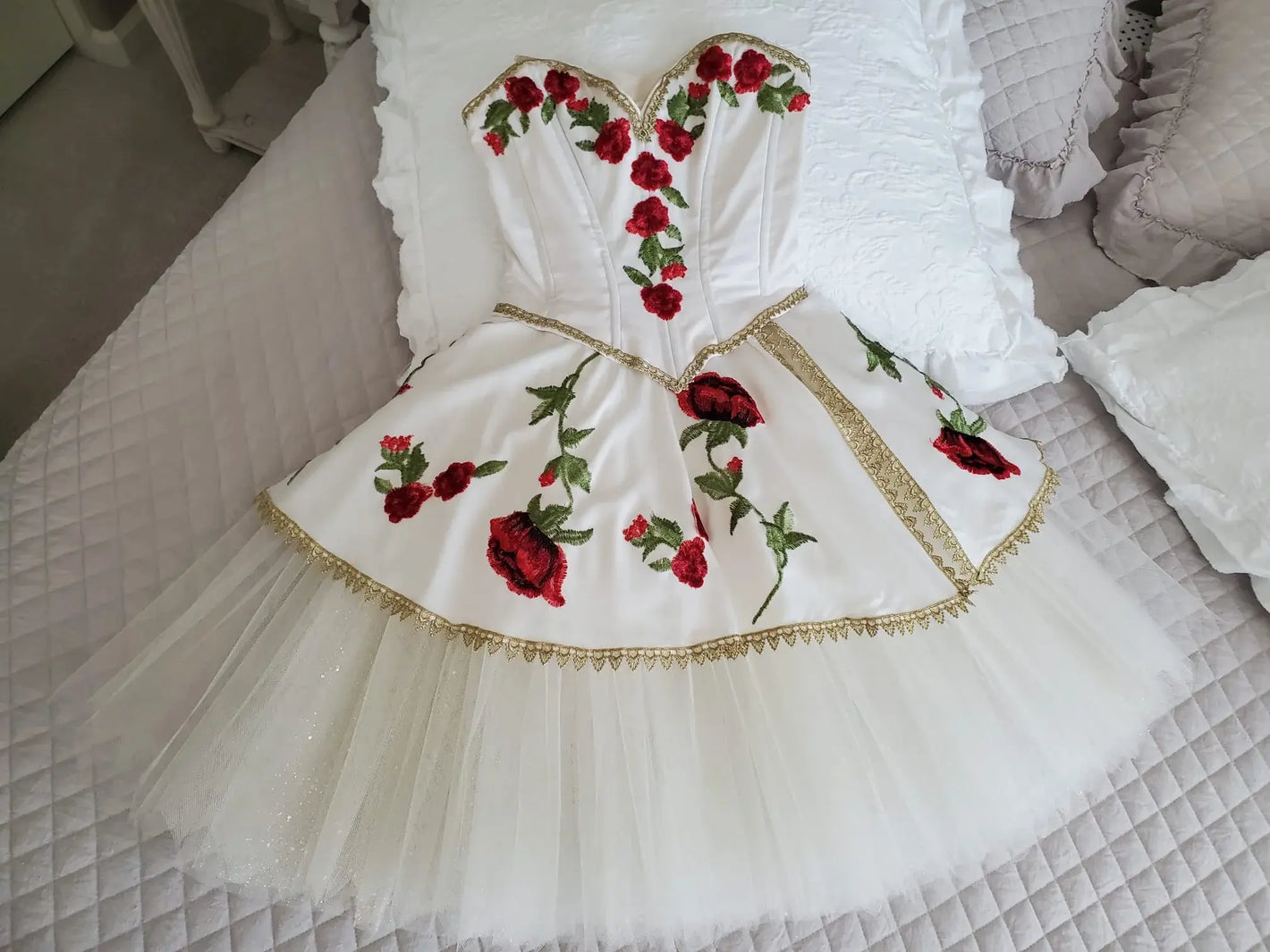 white tutu with red flowers