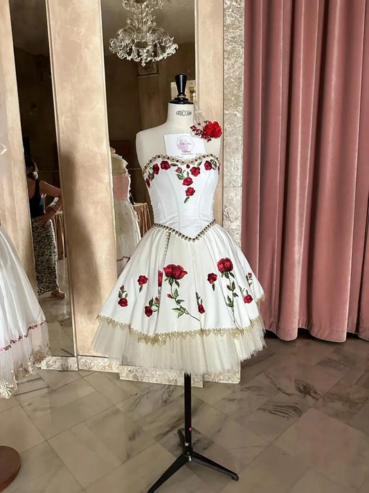 white tutu with red flowers